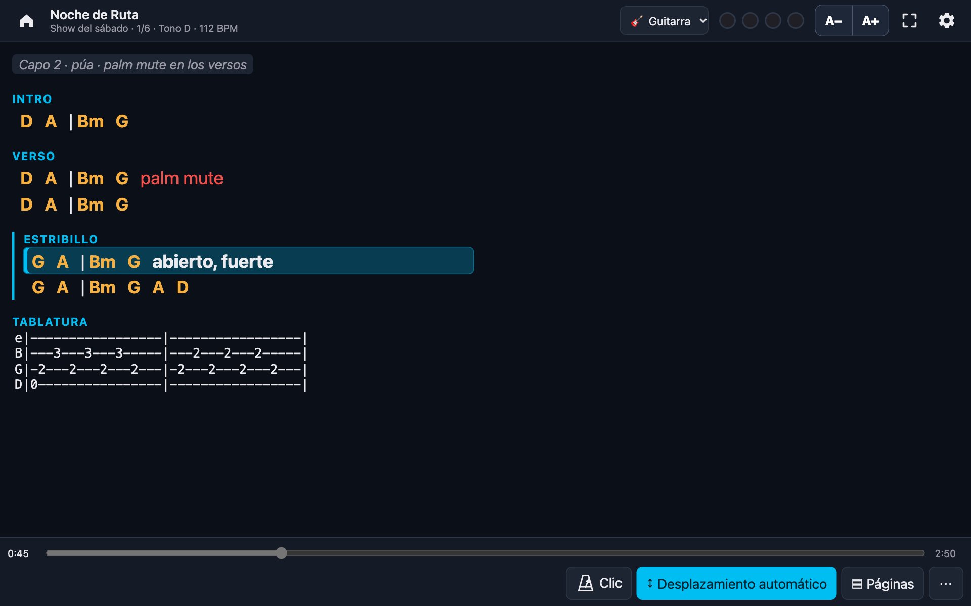 Partitura de guitarra en una tablet